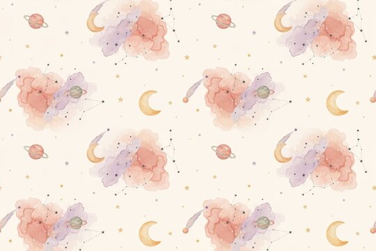 Soft pastel seamless pattern with watercolor clouds, crescent moons, planets, and constellations on a light cream background, for nursery decor
