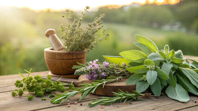 Herbs, green plants, mortar and pestle, natural medicine, herbalism