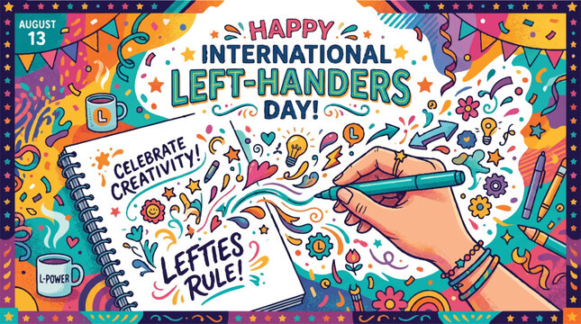 International Left-Handers Day, colorful illustration, left-handed celebration, creative design