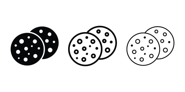 Chocolate chip cookies icon silhouette vector, bold outline and line art isolated illustration