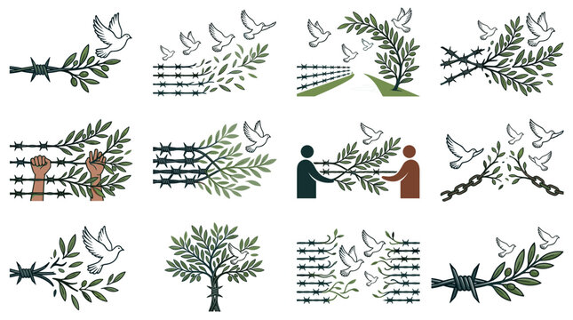 Peace Dove and Olive Branch Breaking Barbed Wire Vector Illustration Set Symbolizing Freedom, Liberty, Human Rights, and Conflict Resolution Concepts