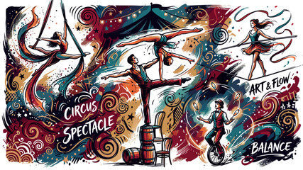 Vintage Circus Spectacle Vector Illustration Banner Featuring Acrobats, Aerialists, Juggler, and Tightrope Walker in Artistic Painterly Oil Brush Stroke Design Style © Monirul