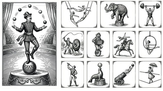 Antique Vintage Circus Engraving Style Vector Illustration Set Featuring Woodcut Art Juggler, Strongman, Trained Elephant, Lion Tamer, and Retro Carnival Performer Characters