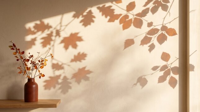 Vase with autumn leaves on a shelf casting shadows on a wall.
