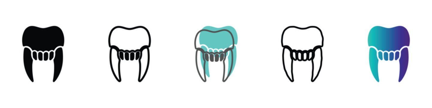 Set of stylized vampire fangs and teeth icons in various artistic styles