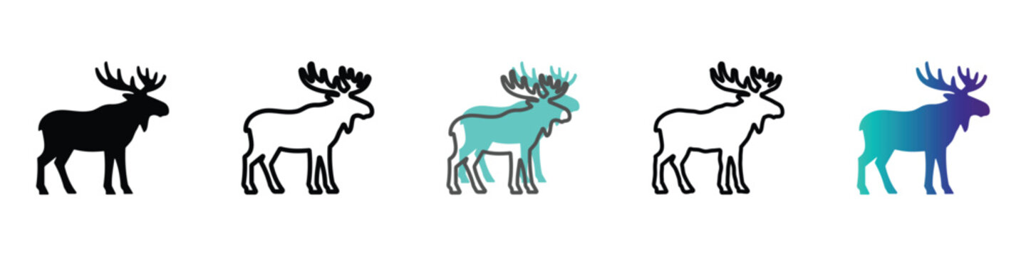 Collection of stylized moose icons in various artistic representations