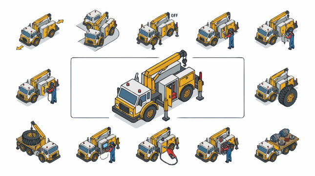 Collection of isometric construction vehicles and equipment.