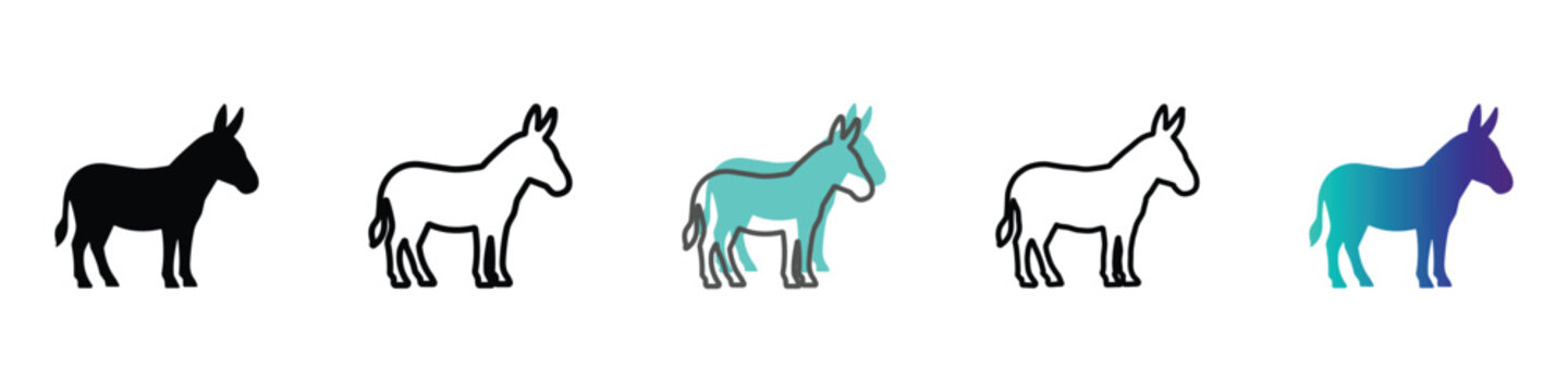 Collection of donkey icons and silhouettes in various styles