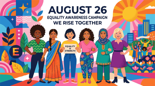 Equality awareness campaign, diversity illustration, August 26 We Rise Together, social justice vector