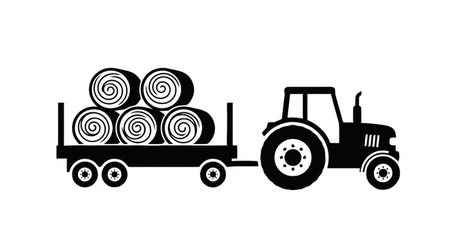 Vector illustration of tractor with a trailer loaded with hay bales icon on a transparent background