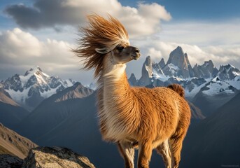 Obraz premium Majestic guanaco standing on a rocky mountain peak with windswept fur and dramatic snowy peaks in the background under a golden hour sky