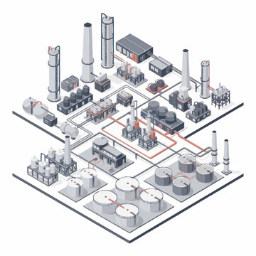 Industrial factory complex with pipelines and storage tanks isometric view.