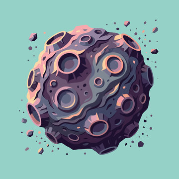 A detailed illustration of a rocky planetoid floating in space