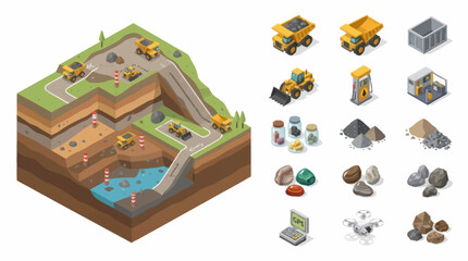 Isometric mining construction site with heavy machinery and resources. © JOKO