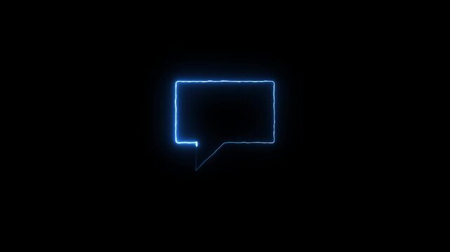 Neon blue glowing speech bubble animation on black background, chat communication message notification,4k video.