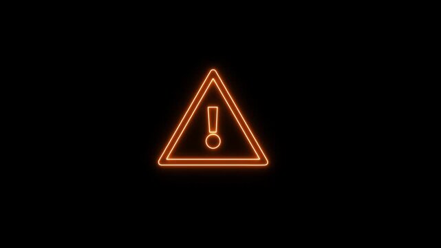 Neon orange warning sign with glowing exclamation mark animation on black background, caution alert danger,4k video.