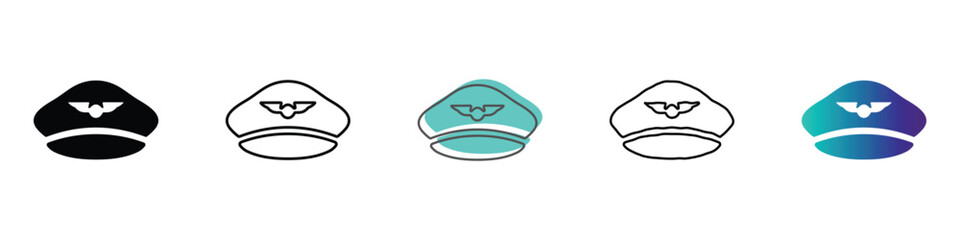 Collection of pilot hat icons in various styles and colors for aviation themes © Vova7