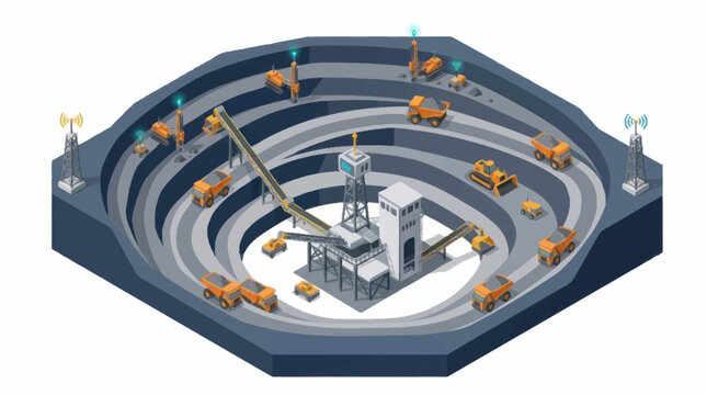 Open Pit Mine with Trucks and Equipment Illustration.