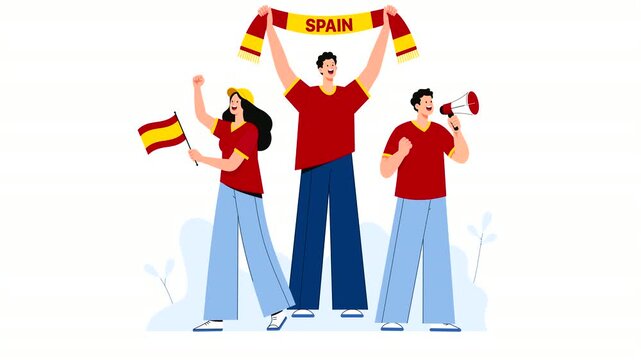 Editorial vector animation of Spain football supporters celebrating victory with flags, scarves, and cheers. Modern flat character motion graphics for soccer, sports events, and Spanish fan culture.