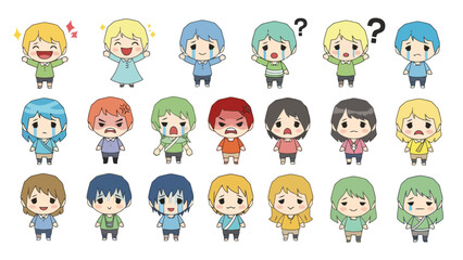 Obraz premium A collection of diverse chibi style human characters demonstrating various facial expressions and emotional states including joy sorrow anger surprise and confusion for creative project design