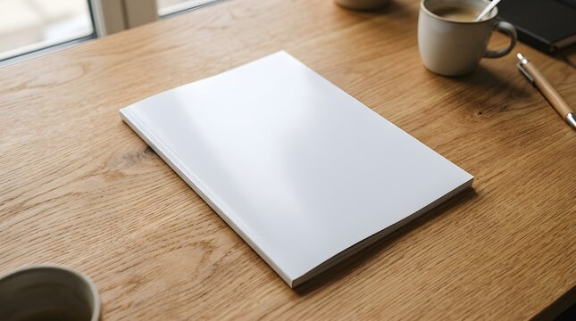 Blank white magazine or brochure cover mockup on a wooden desk with coffee cup and pen