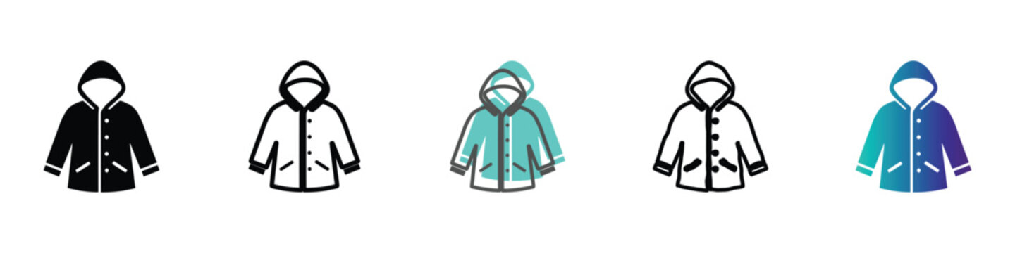Collection of rain jacket icons in various styles and colors