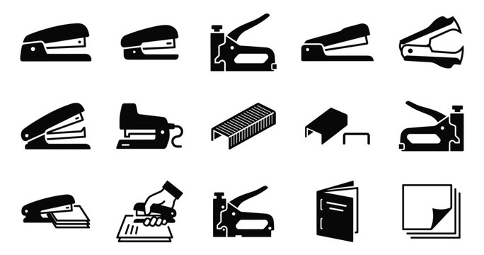 Industrial office stapler and upholstery tool icons for business supplies and construction.