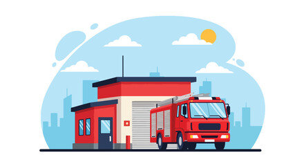 Flat style vector illustration of modern fire station with ladder truck and city background. Perfect for emergency services, public safety and rescue themes © Amie