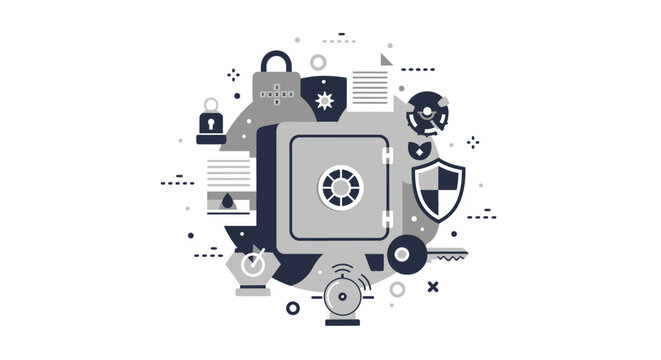 Flat Design Concept for Data Security and Financial Protection Featuring Vault, Shield, and Lock Icons
