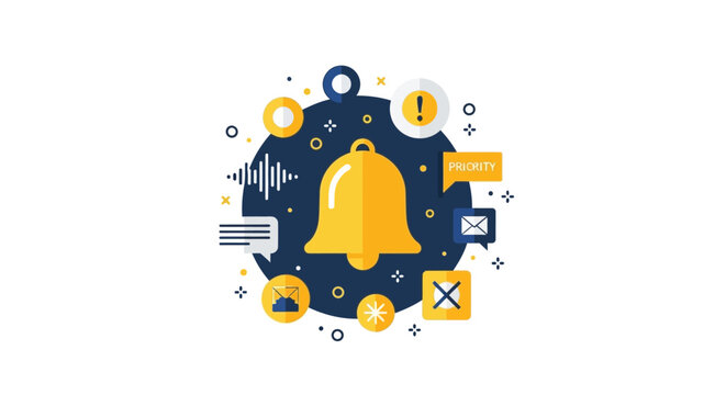 Flat Illustration of Notification Bell Icon with Digital Alert Symbols and Priority Messaging Elements