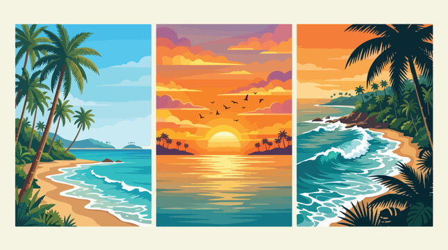 Three vibrant tropical beach panels featuring palm trees and calm ocean waves under bright daylight and a warm golden sunset
