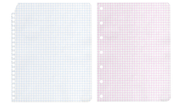 Blue and pink grid notebook paper clipart set isolated on black background, perfect for journaling, scrapbook and planner design. High quality photo