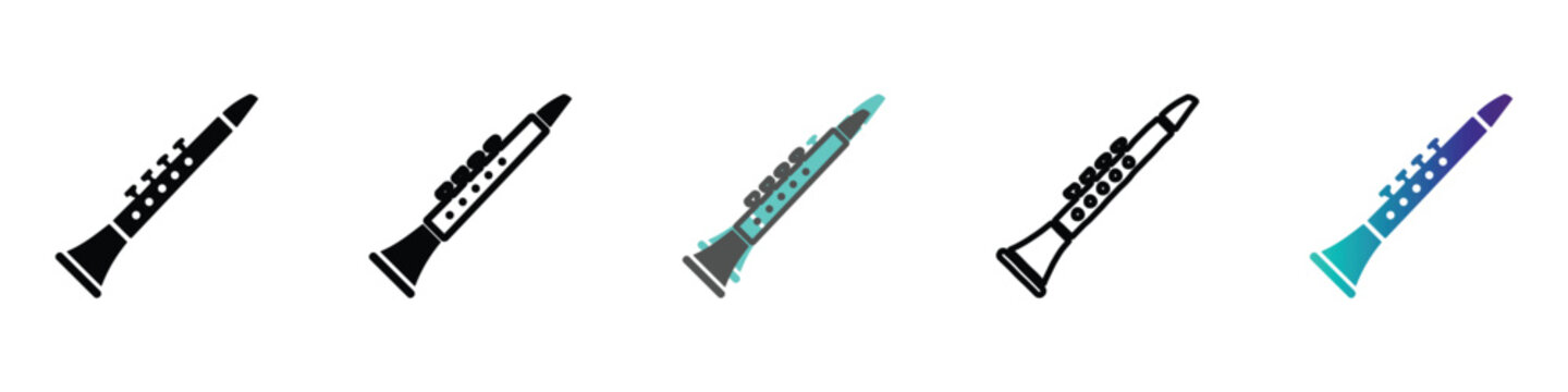 Collection of clarinet icons in various styles and colors on a white background