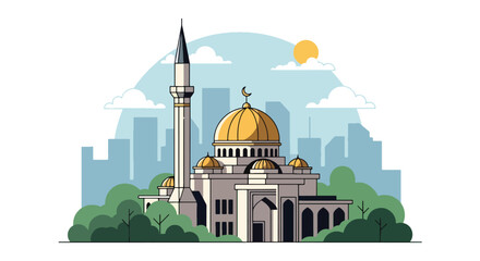 Flat style vector illustration of mosque building with domes and minaret in city setting. Perfect for Islamic culture, worship and religion themes © Amie