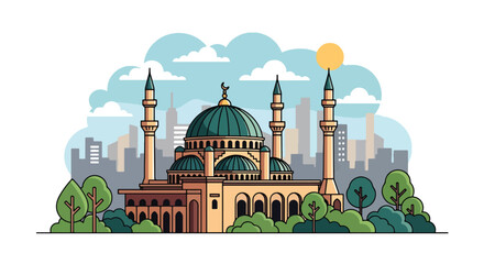 Flat style vector illustration of mosque building with domes and minaret in city setting. Perfect for Islamic culture, worship and religion themes © Amie