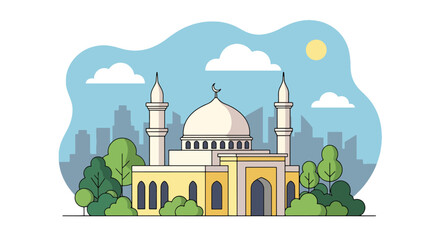 Flat style vector illustration of mosque building with domes and minaret in city setting. Perfect for Islamic culture, worship and religion themes © Amie