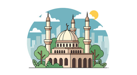 Flat style vector illustration of mosque building with domes and minaret in city setting. Perfect for Islamic culture, worship and religion themes © Amie