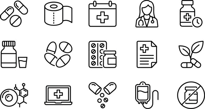Pharmacy and medicine line icon set vector illustrations of prescription bottles herbal supplements capsule pills and healthcare diagnostic symbols
