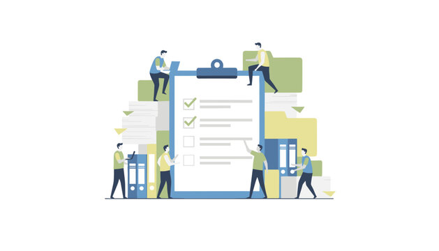 Team of people standing around giant clipboard with checkboxes and stacks of folders collaborative project management and task completion in office.