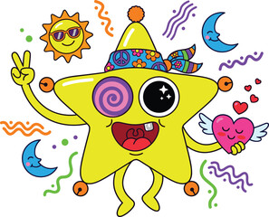 Fototapeta premium Groovy Retro 70s Psychedelic Star Character Vector Illustration Featuring Smiling Sun Moon and Winged Heart Elements for Creative Designs
