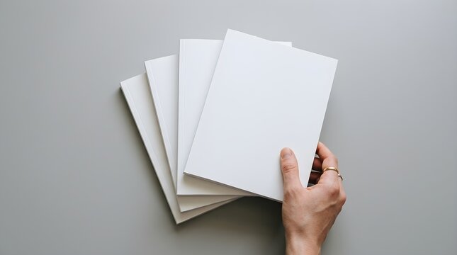 Hand holding a stack of blank white notebooks on a grey background