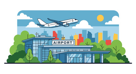 Flat style vector illustration of airport terminal with airplane flying and city skyline. Perfect for travel, transportation and aviation themes © Amie
