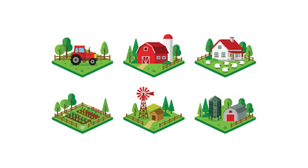 Isometric Farm Buildings And Fields Colorful Vector Illustration © mdashraful