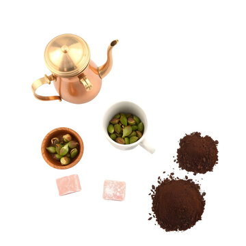 Traditional Lebanese coffee brewed in rakwe with cardamom and served in small finjān cups.
