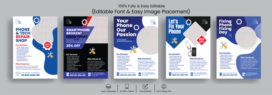 Smartphone Repair Service Flyer Poster Template Bundle A4 Print Ready Editable Design for Mobile Fixing Shop Marketing Gadget Repair Workshop and Technology Service Advertising template pack