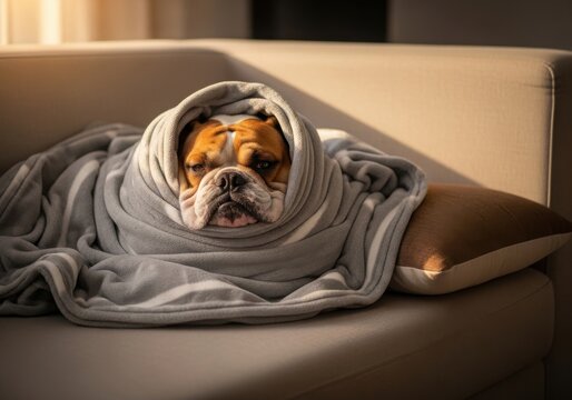 A cozy english bulldog wrapped in a soft grey blanket resting on a comfortable couch in warm sunlight