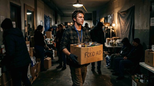 Dedicated volunteer distributes essential food aid box to those in need at a community support event