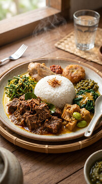 Delicious Indonesian beef rendang with rice and vegetables, isolated on transparent background