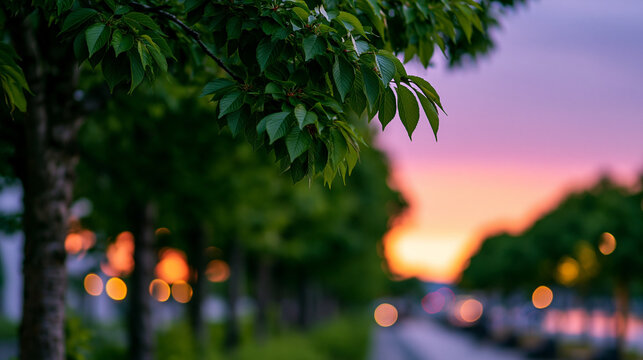 Tall green trees lining a path under a vibrant pink and orange sunset sky, warm evening atmosphere, defocused sky and park in background, urban sunset concept photography, city