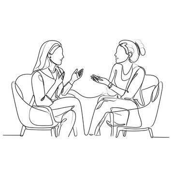 Two women sitting in armchairs, engaged in conversation with hands gesturing